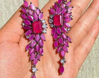 Ruby Pink Sapphire Chandelier Earrings | American Diamond Jewelry | CZ Statement Bridal Earrings | Indian Wedding Drop Earrings