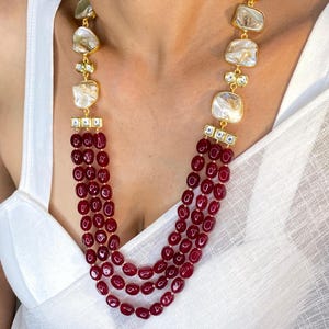 Collier Rani Haar polki rouge | Collier superposé Kundan | Bijoux de mariée en nacre | Ensemble de mariage tendance