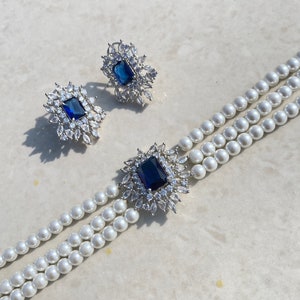 Sapphire Pearl Choker Luxury Blue Necklace American Diamond Indian Jewelry Royal Blue Cz Diamond Necklace Designer Inspired Bridal Jewelry