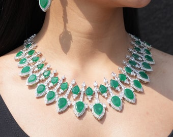 Emerald Necklace Green American Diamond Necklace Faux Emerald Statement Necklace India Diamond Jewelry Sabyasachi Jewelry CZ Sets