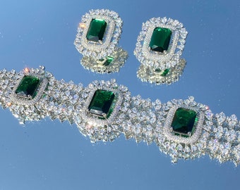 Emerald Necklace American Diamond Choker India Green Emerald Diamond Necklace Set Bridal Wedding Emerald Jewlery Set Green CZ Necklace