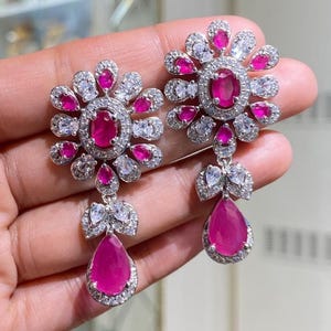 Hot Pink Diamond Earrings Cz Ruby Dangle Drop Hanging Long Earrings Zircon Flower Statement Earrings Designer Inspired Jewelry For Women