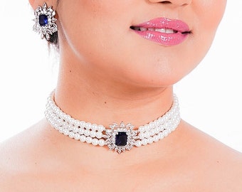 Sapphire Pearl Choker Luxury Blue Necklace American Diamond Indian Jewelry Royal Blue Cz Diamond Necklace Designer Inspired Bridal Jewelry