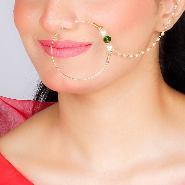 Bridal Nath Nose Ring Gold Pearl Nath Pakistani Nose Ring Jadau Kundan Punjabi Jewelry India Nose Ring Kundan Bridal Jewelry Nath Bridal