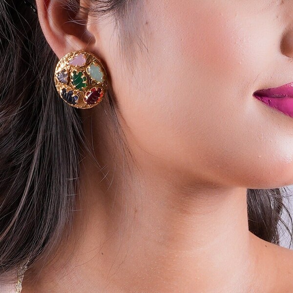 Navratan Earrings Jadau Jewelry Amrapali Earrings India Gold Earrings Carved stone jewelry Kundan Stud Earrings Navratan Jewelry