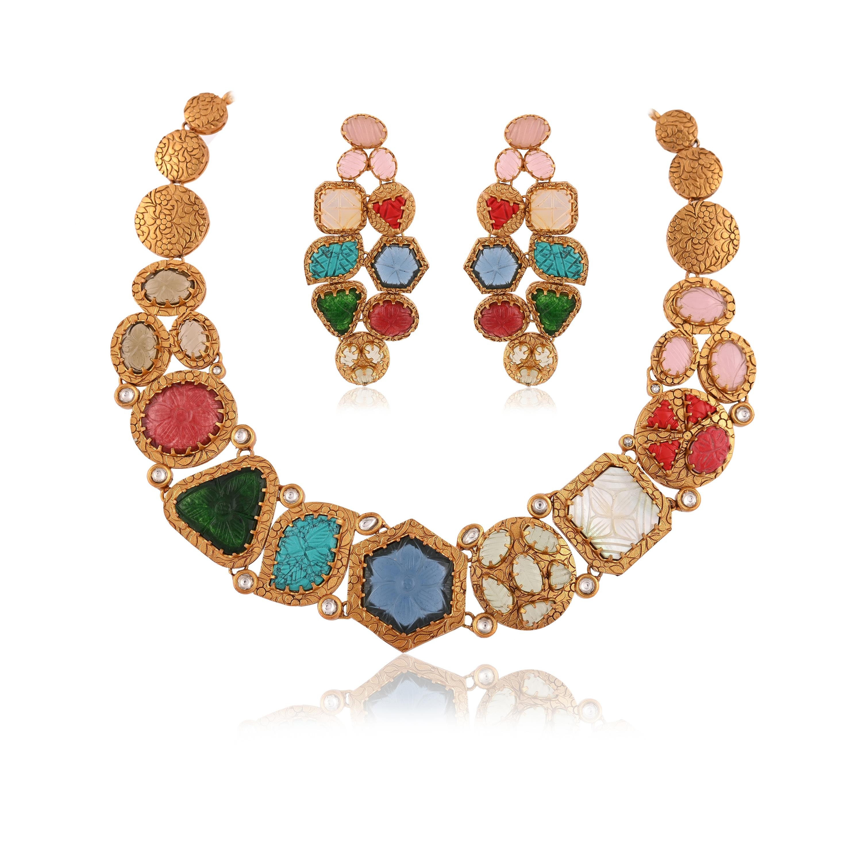 AgulkaJewels Navratan Necklace Amrapali Jewelry India Gold Plated Necklace Uncut Polki Jadau Kundan Jewelry India Statement Necklace Multi Stone Necklace