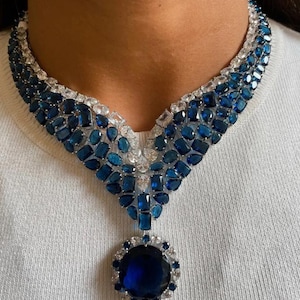 Sapphire Diamond Necklace PREMIUM Blue American Diamond Jewelry Set DESIGNER Blue Sapphire Wedding Set Sabyasachi Inspired Blue CZ Necklace