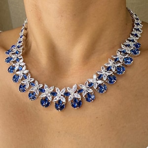 Sapphire Diamond Necklace PREMIUM Blue American Diamond Sapphire Necklace Set Pakistani Jewelry DESIGNER Replica Sapphire Statement CZ Sets