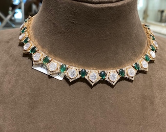 Emerald Green Polki Kundan Choker | Delicate Indian Necklace | Moissanite Diamond Jewelry | Bridal Statement Set