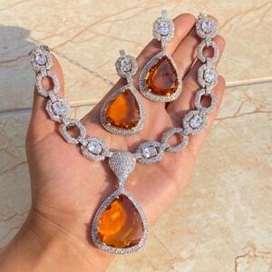 Yellow Necklace Deepika Padukon Inspired Cz Diamond Drop Jewelry Sets Modern Citrine Crystal Pendant Necklace Statement Wedding Jewelry Gift image 7