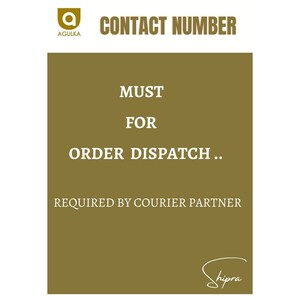 May include: A rectangular sign with a dark olive background and white text. The top features the Agulka logo and the words CONTACT NUMBER. Below, the text reads MUST FOR ORDER DISPATCH.. REQUIRED BY COURIER PARTNER. The bottom right features the name Shipra.