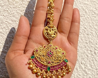 Maang Tikka de rubí / Joyería de templo / Tikka nupcial de oro antiguo / Joyería nupcial del sur de la India