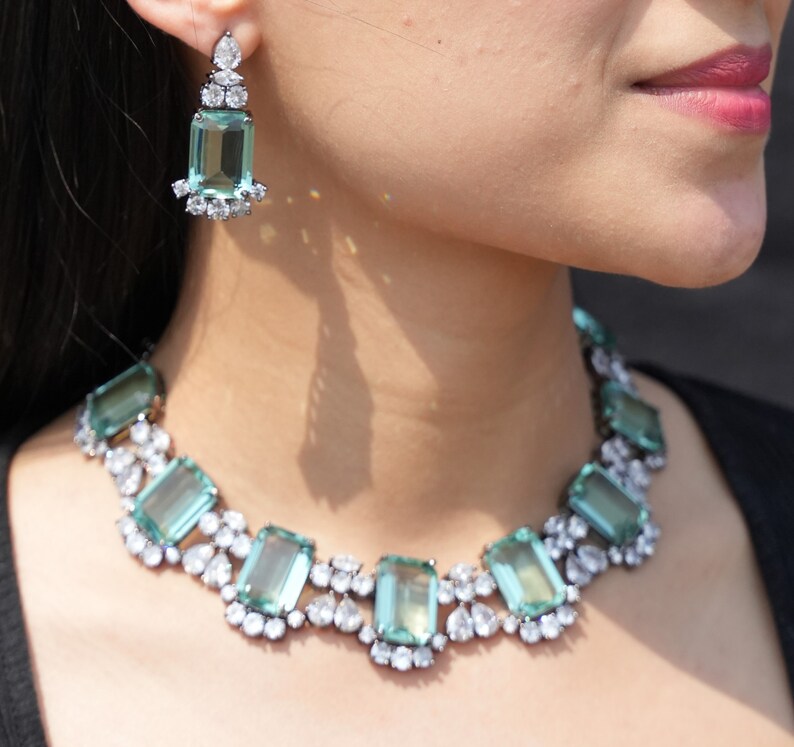 Mint Green Necklace Faux Diamond Necklace American Diamond Set Etsy