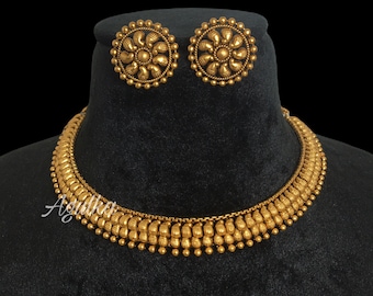 Gargantilla india de oro / Joyería antigua de templo / Collar del sur de la India / Collar tradicional delicado / Conjunto de collar nupcial indio