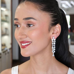 Long Bridal Earrings Cz Silver Dangle Earrings Crystal Drop Earrings Statement Jewelry Moissanite Diamond Bridal Earrings