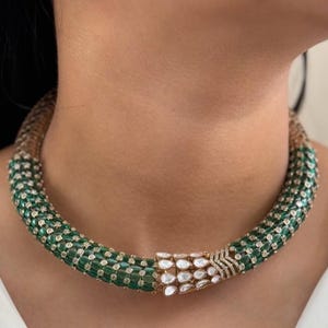 Polki Necklace Green Moissanite Kundan Hasli Jewelry Sabyasachi Inspired Uncut Polki Diamond Choker Designer Emerald Indian Choker Necklace