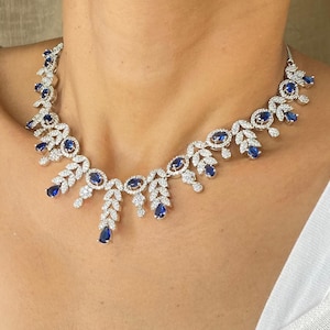 Blue American Diamond Necklace PREMIUM Sapphire Jewelry Set Cubic Zirconia India Jewelry Amrapali Inspire DESIGNER Blue Sapphire Necklace CZ