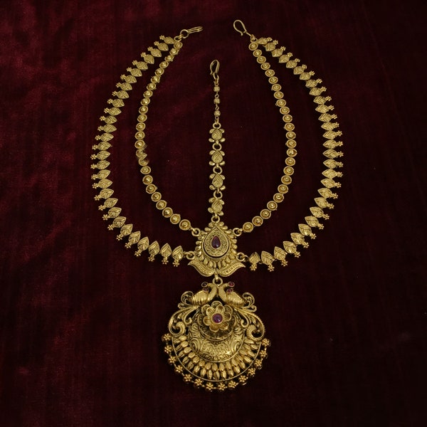 Matha Patti Bridal Gold Matha Patti Headband South India Jewelry Gold Plated Mathapatti Gold Tikka Antique India Jewelry Temple Jewelry Set