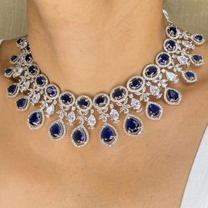 Sapphire Diamond Necklace Blue Cubic Zirconia Statement Navy Blue Sapphire Necklace American Diamond Sapphire Set India Bride Wedding Gift