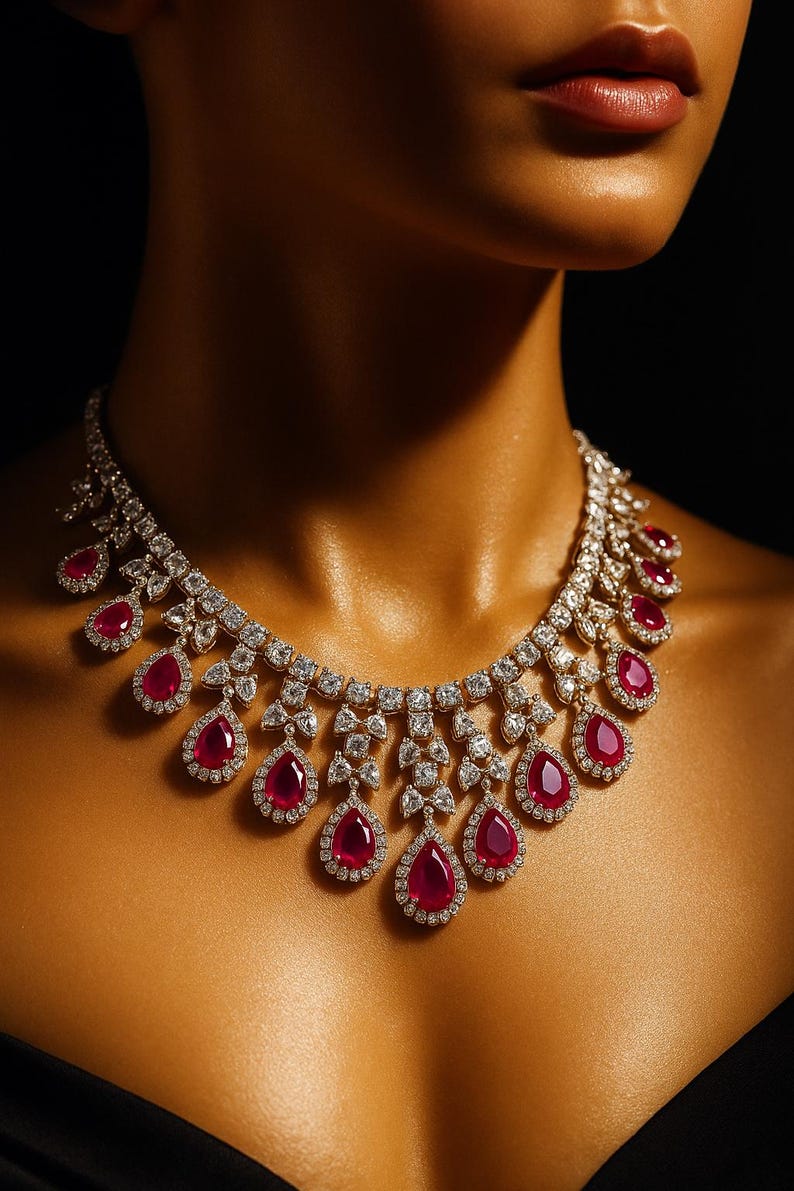 Puede incluir: Un collar de diamantes con colgantes de rub&iacute;es en forma de l&aacute;grima. El collar presenta racimos de diamantes y gotas de rub&iacute;. La joya est&aacute; dise&ntilde;ada para ser usada alrededor del cuello.