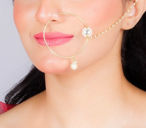 Amazon.com: Aheli Classy Wedding Party Wear Nose Ring Nath with Pearl Chain  Traditional Saree Jewelry for Indian Women : Clothing, Shoes & Jewelry