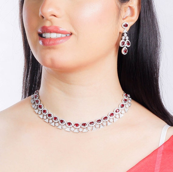 Ruby Choker Red Diamond Necklace American Diamond India Choker Red