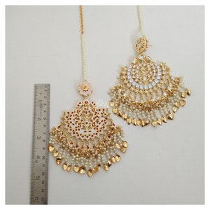 Tikka Earrings Set | Punjabi Bridal Jewelry | Oversized Kundan Polki Set | Indian Wedding Forehead Tikka image 7