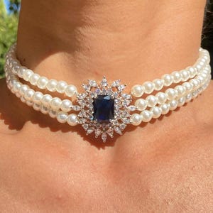 Sapphire Choker Blue Diamond Pearl Necklace PREMIUM India Jewelry Cubic Zirconia Blue Sapphire Pearl Choker CZ Sabyasachi Inspired Wedding