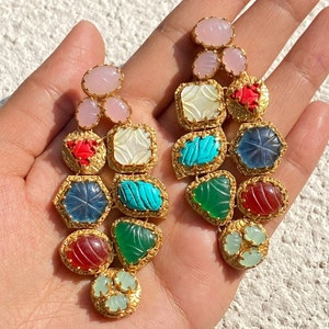 Navratan Earrings Indian Stone Earrings Multi Color Stone Earrings Sabyasachi Jewelry 22k Gold Plated Antique Indian Long Navratan Earrings