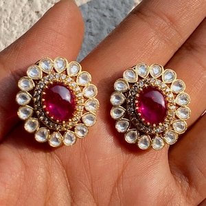 Rubinohrringe Kundan Polki Ohrstecker Jadau Indischer Saybasachi-Schmuck Ungeschliffener Diamant Rote Steine Hochzeitsohrringe für Damen