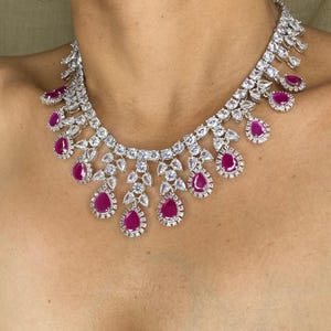 Conjunto de collar de rubíes / Joyería de zafiro rosa y circonitas cúbicas / Collar nupcial llamativo / Regalo de joyería para bodas indias imagen 11