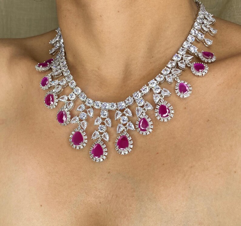 Conjunto de collar de rubíes / Joyería de zafiro rosa y circonitas cúbicas / Collar nupcial llamativo / Regalo de joyería para bodas indias imagen 11