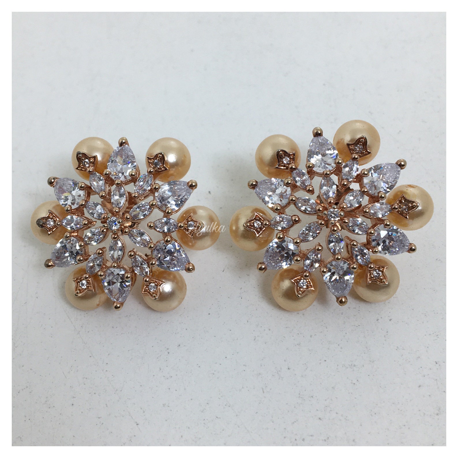 Big Stud Earrings Pearl Stud Earrings CZ Diamond Studs Rose Etsy