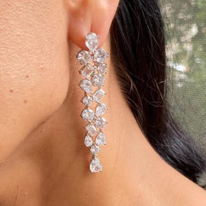 May include: Dangling earrings with a cascade of clear, sparkling gemstones. The earrings feature pear, round, and emerald cut stones set in silver-toned metal. A glamorous statement piece, perfect for special occasions.