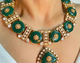 Emerald Kundan Necklace Moissanite Polki Indian Bridal Jewelry Sabyasachi Inspired Jewelry Green Stone Pendant Necklace Wedding Jewelry Gift