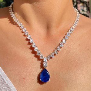 Sapphire Necklace PREMIUM Blue American Diamond Pendant Set India Jewelry Cz Set ROYAL Blue Sapphire Diamond Necklace DESIGNER Bride Wedding