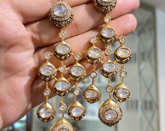 Kundan Polki Earrings | Long Statement Earrings | Victorian Style Jewelry | Indian Bridal Moissanite Earrings