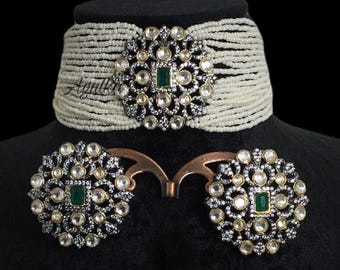 Emerald Kundan Polki Choker | Antique Jadau Jewelry Set | Moissanite Diamond Necklace | Indian Bridal Collection