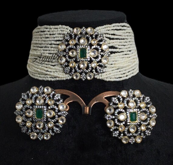 Emerald Kundan Polki Choker | Antique Jadau Jewelry Set | Moissanite Diamond Necklace | Indian Bridal Collection