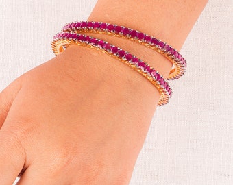 Brazaletes Ruby Kada / Joyería de diamantes americanos / Brazaletes de zafiro rosa / Conjunto de brazaletes nupciales de oro de 22 quilates