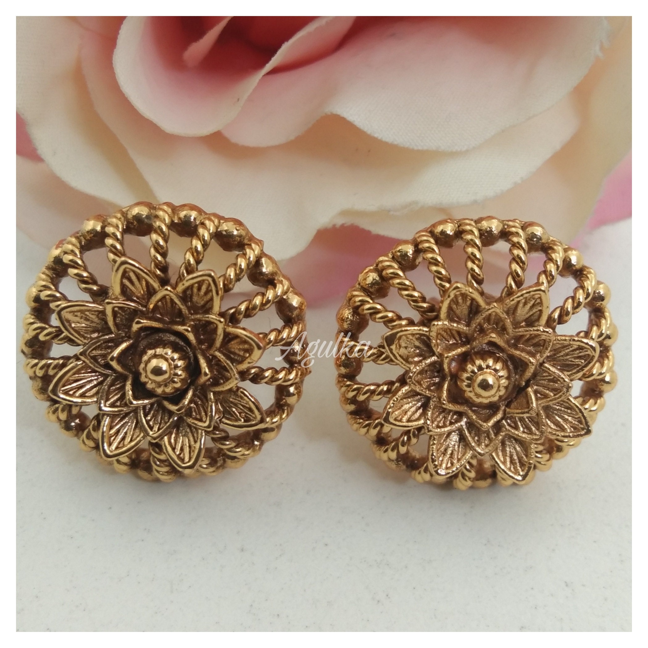 Temple Stud Earrings Gold Stud Earrings 22K Antique Earrings Etsy