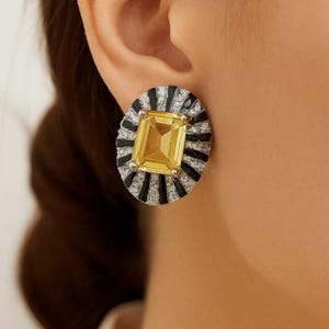 Yellow Diamond Earrings PREMIUM Large Statement Studs Canary Yellow Stone Earring Zircon Black Yellow CZ Earrings Moissanite Diamond Jewelry