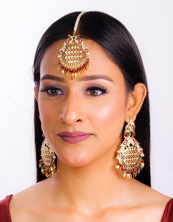 Red Tikka and Earrings Set Pipal Patti Punjbai Tikka Set Maang