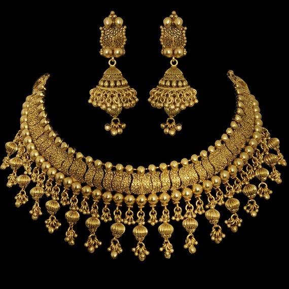 Antique Gold Plated Necklace Indian Bridal Jewelry Sets Ethnic Wedding Necklaces South Indian Jewelry Traditional 22K Gold Necklace