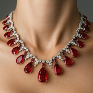 Puede incluir: Un collar elegante con grandes piedras preciosas rojas en forma de lágrima y piedras más pequeñas y claras. El collar está engastado en un metal plateado o blanco. El diseño es simétrico y crea un contraste llamativo.