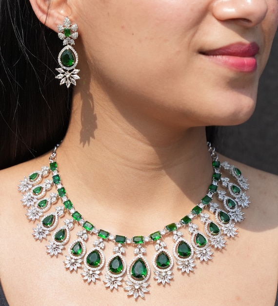 Emerald Green Necklace | CZ Diamond Jewelry | Sabyasachi Inspired | Indian Bridal Statement Necklace Wedding Jewelry