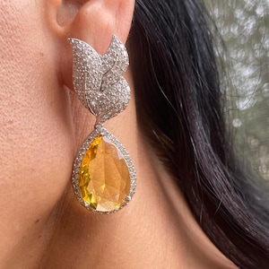 Yellow Diamond Earrings PRREMIUM Long Statement Canary Yellow Stone Earring Moissanite Diamond Yellow CZ Earrings India Jewelry WEDDING Gift