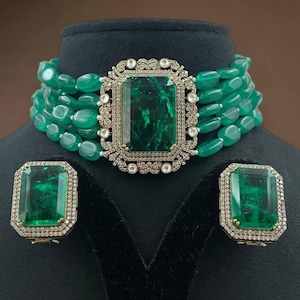 Emerald Doublet Kundan Necklace Polki Jewelry Green Indian Jewelry Sabyasachi Jewelry Victorian Polki Diamond Choker Statement Necklace Set