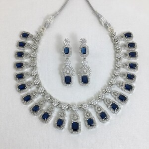 Blue Sapphire Necklace American Diamond Necklace Sapphire Diamond Pendant Blue Statement Necklace Cubic Zirconia Necklace CZ Sets