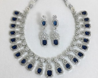 Blue Sapphire Necklace American Diamond Necklace Sapphire Diamond Pendant Blue Statement Necklace Cubic Zirconia Necklace CZ Sets